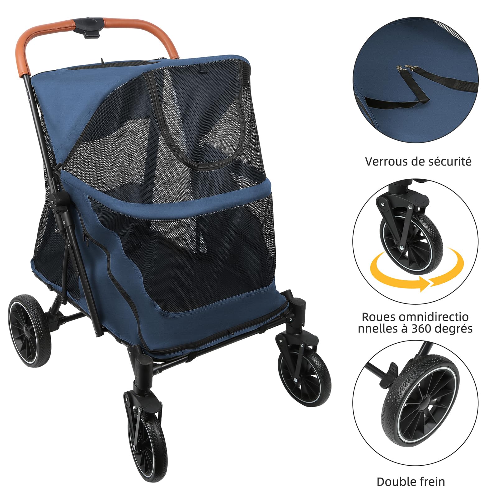 OHMG Grande Poussette chien chat,buggy,poussette pour chien 4 roues en EVA chariot pour chat pliage en un clic, laisse de sécurité, charge 45 kg,avec fenêtre en filet,Ceintures de sécurité