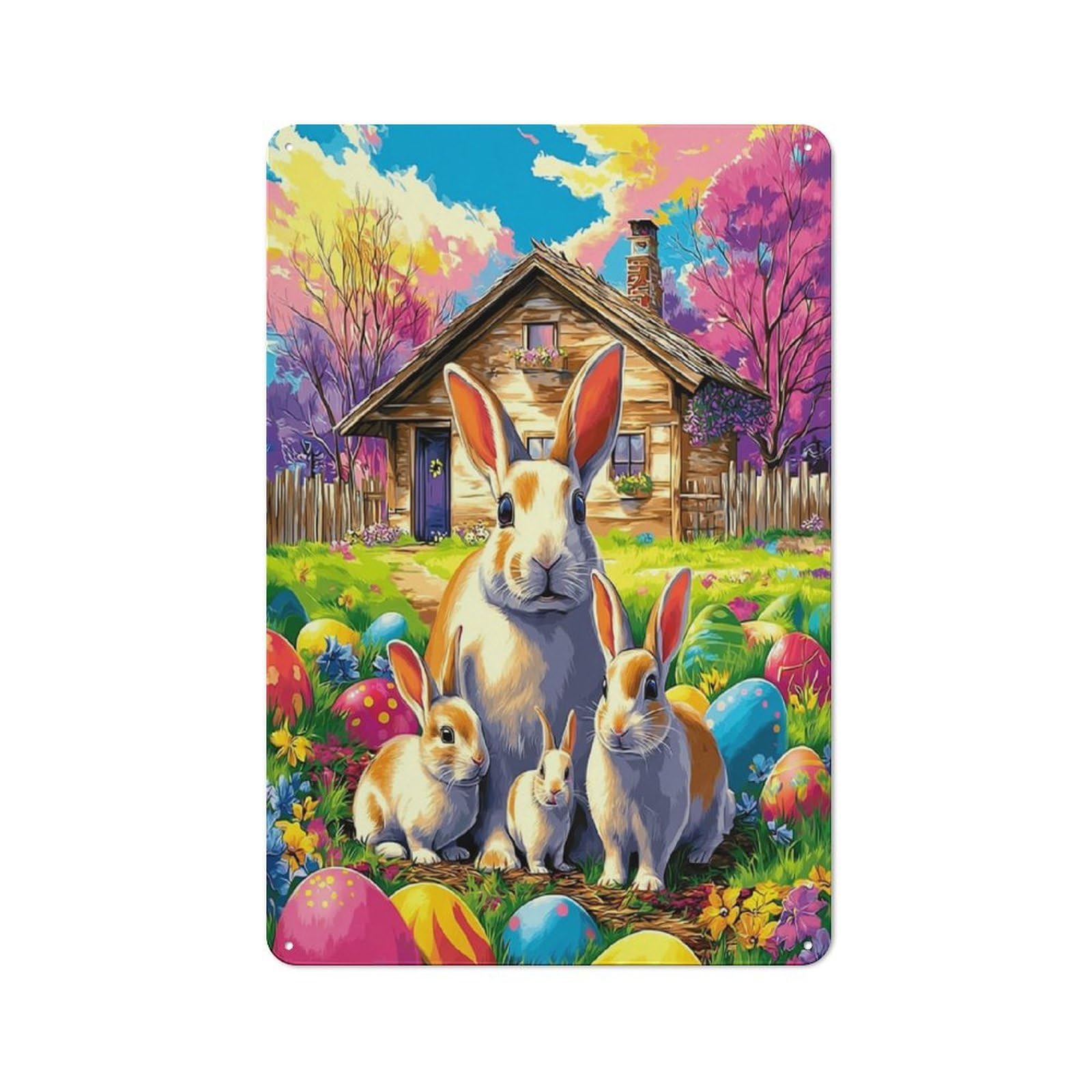 Junmoney Easter Bunny Family Scene-2 Tin Wall Plaque 30X20cm With For Garage Wall, For Collectors Of Retro Metal Wall Decor