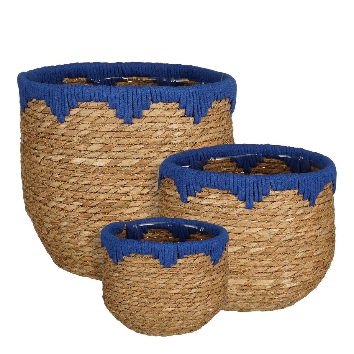 Lot de 3 Paniers à Plantes en Jonc de Mer et Coton, Décoration, Bleu