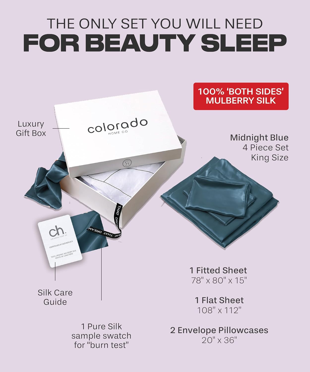 Colorado Home Co SUNDAYSILKS™ | 100% Mulberry Silk Bed Sheets | 4PC Mulberry Silk Sheets King | Natural Silk Bedding Set | Soft & Durable [Midnight Blue]