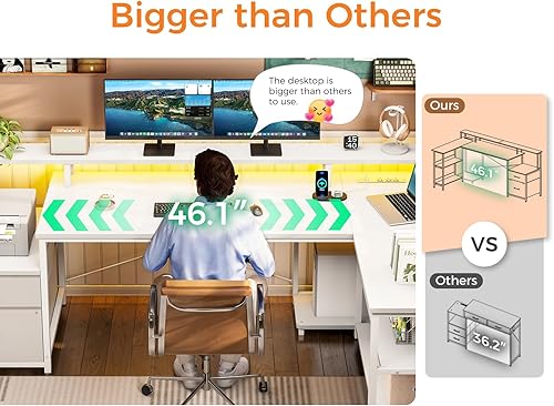 Miniatura 6 de ODK Escritorio en forma de L con cajón de archivos, escritorio reversible en forma de L de 75 pulgadas con toma de corriente y tira LED, escritorio