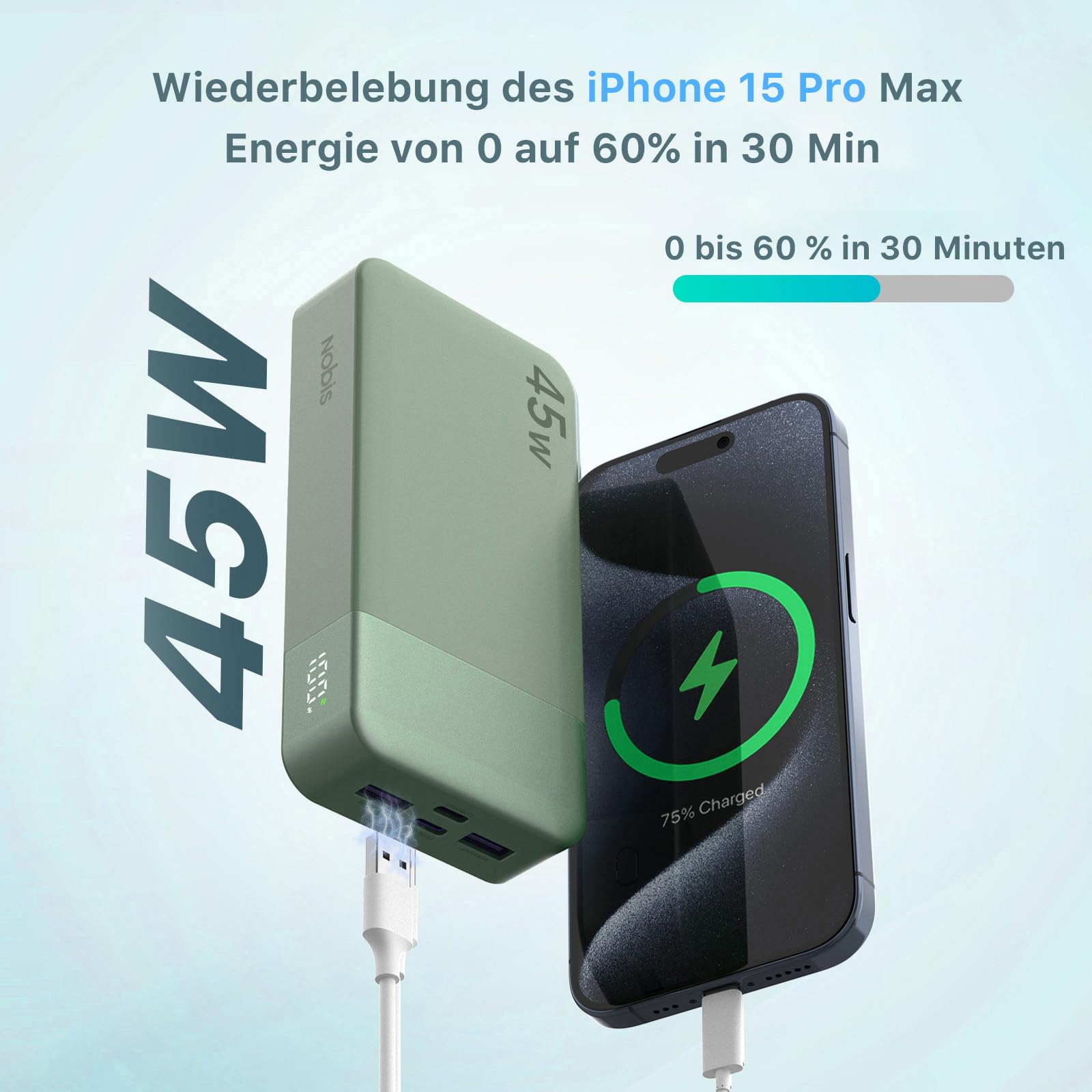 NOBIS Power Bank, Powerbank 20000mAh, 45W Externe Handyakkus Schnellladen, Externer Akku mit C zu C Kabel, Tragbares Ladegerät mit Digitalanzeige für Phone Android Laptop etc(Grün)