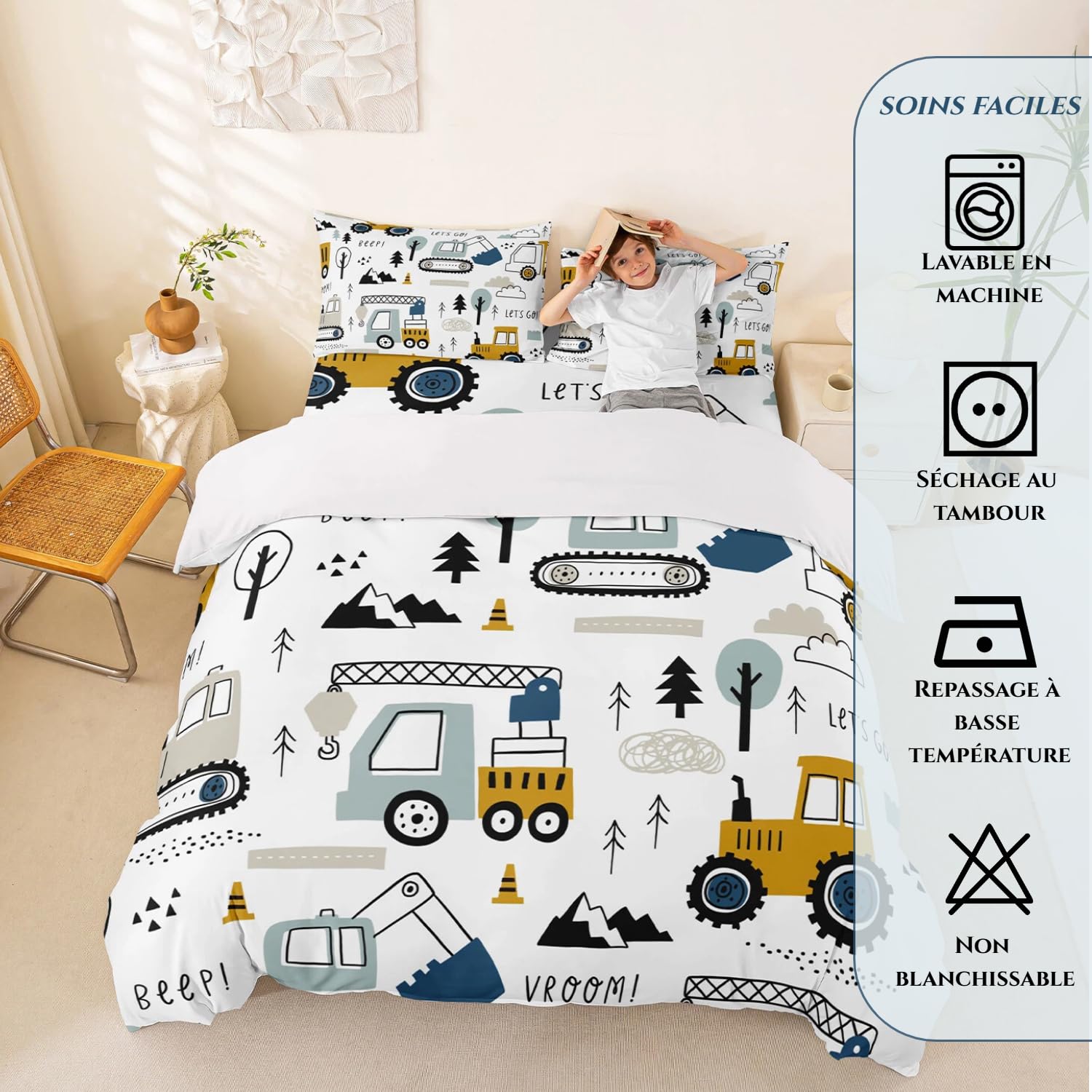 Ensemble de Literie de Voiture de Dessin Animé Ensemble de literie de Construction Housse de Couette 140x200cm Ensemble Enfants Garçon équipement camion Literie Excavatrice Tracteur Blanc Jaune