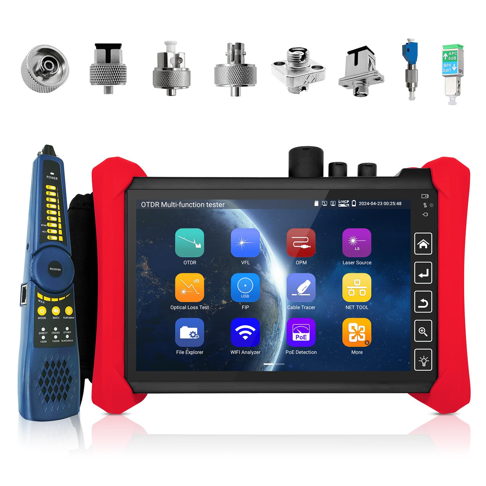 Henkion OTDR-Glasfasermessgerät 8 Zoll IPS-Touchscreen, RSO-73 1310/1550nm 28/26dB Fiber Optic Tester, Multifunktionaler Netzwerktester mit Event Map, LS, OPM, VFL, OLS, WLAN, RJ45 Kabeltester