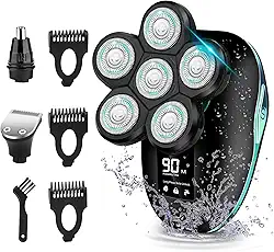 Sakioo Barbeador de cabeça, barbeador elétrico 6 em 1 para homens carecas, lâmina rotativa sem fio impermeável IPX7 com tela de LED, barbeador de cabeça facial com aparador de costeletas de pelos do
