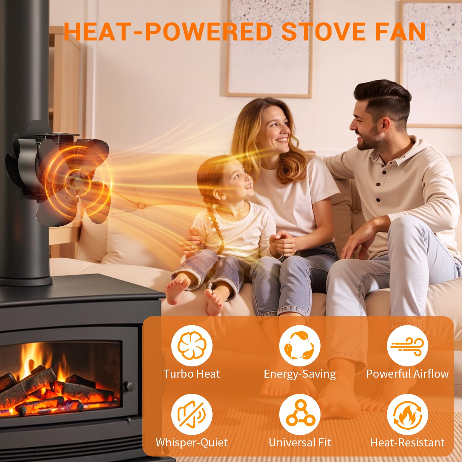 Ventilatore Per Stufa 4 Pale, Doppia Testa Ventilatore Stufa Silenzioso, Heat Circulation, Economia Ventola per Stufa Legna Adatto Tutte Caminetti (4 Pale)