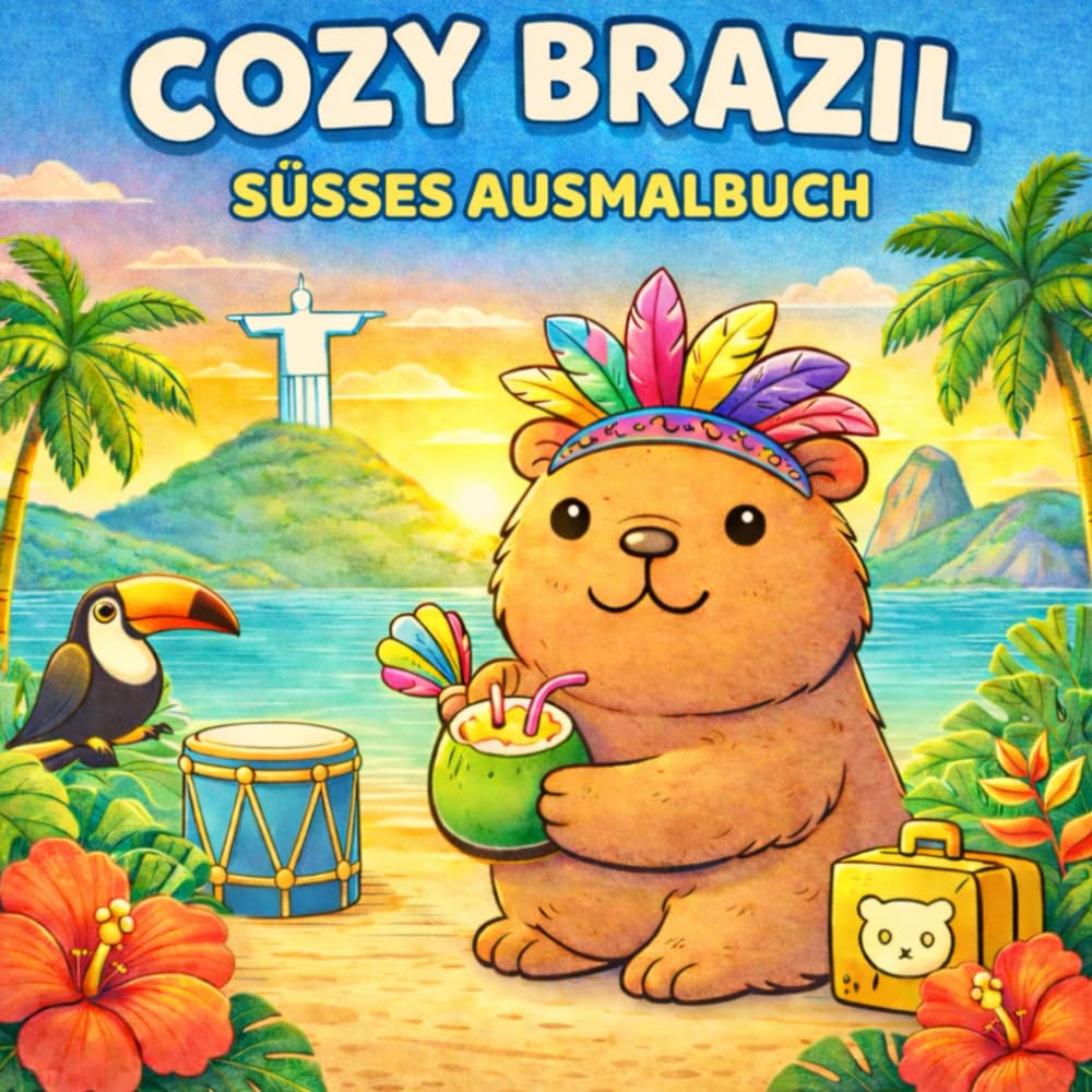 Cozy Brazil – Brasilien Ausmalbuch. Niedliche Tiere, Strand & Karneval • Dicke Linien • Für Erwachsene & Teenager