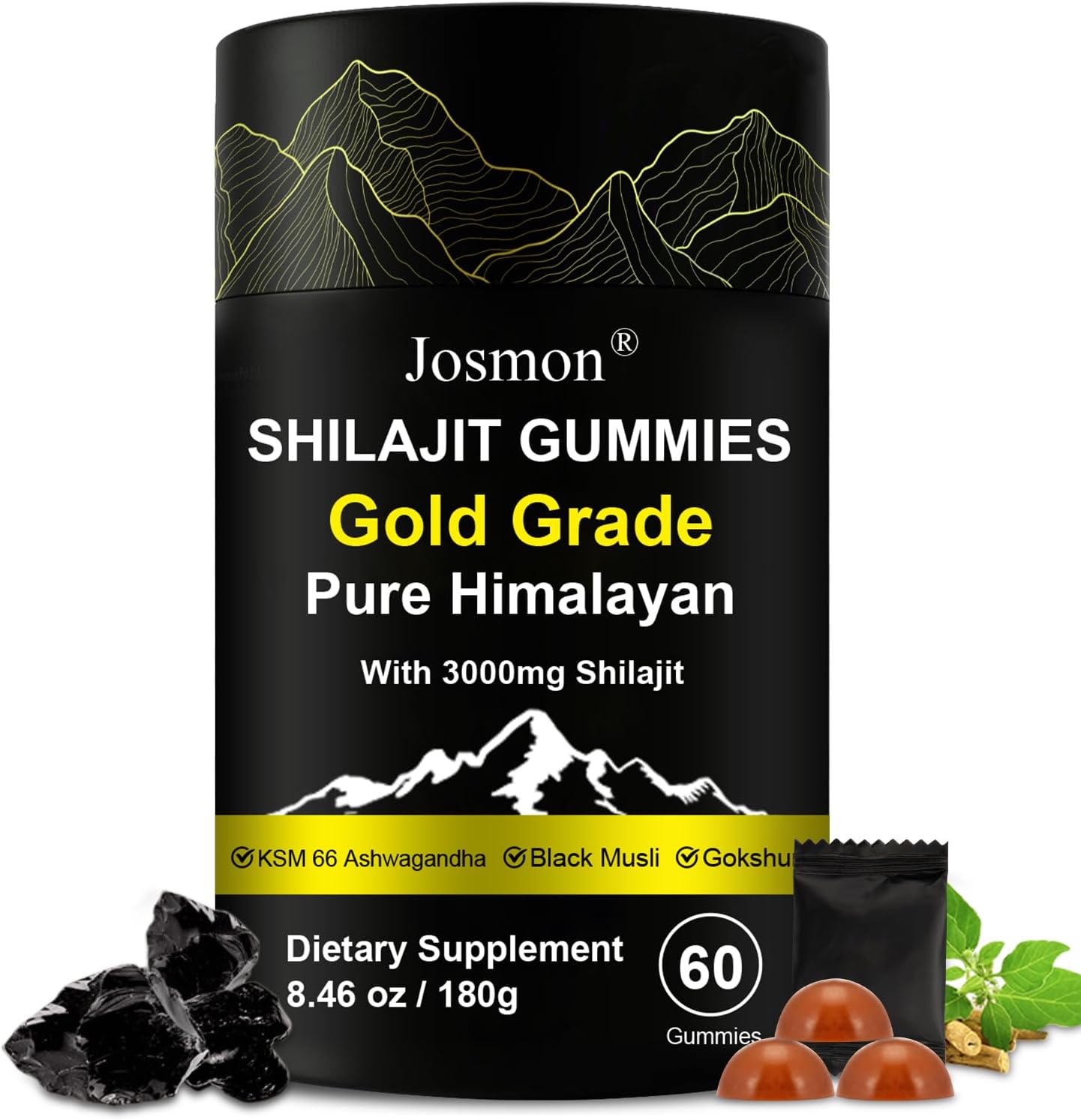 Shilajit Gummies, Himalayan Pure Shilajit Gummies Gold Grade, No Added Sugar, 85+ Trace Minerals, Ashwagandha, Gokshura, Energy and Immune Support, Gold