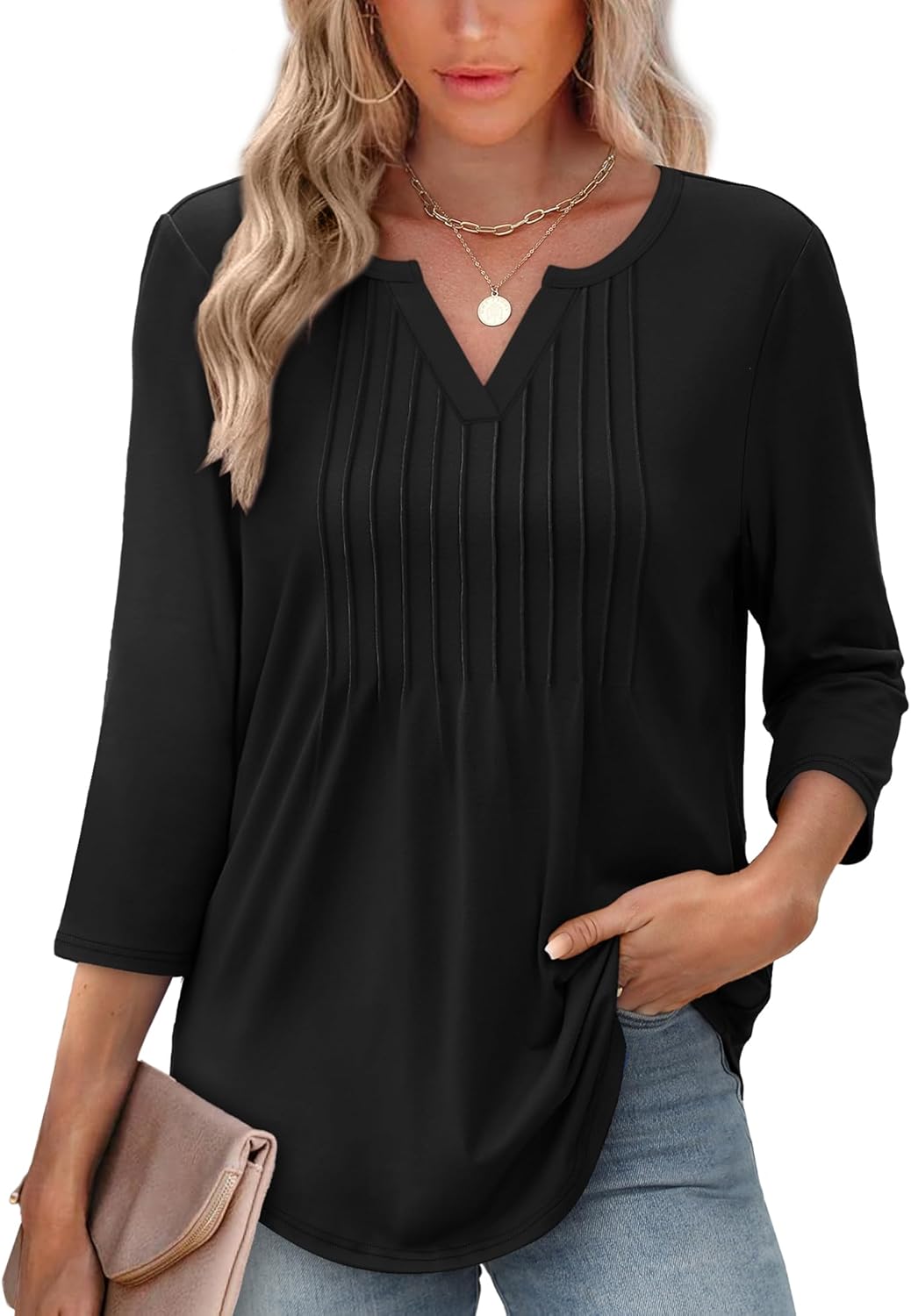 XIEERDUO Womens 3/4 Sleeve Tops 2026 V-Neck Summer Outfits Casual Pleated Shirts Blouses Beach Vacation Spring Clothes