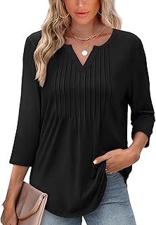 Womens 3/4 Sleeve Tops 2026 V-Neck Summer Outfits Casual Pleated Shirts Blouses Beach Vacation Spring Clothes