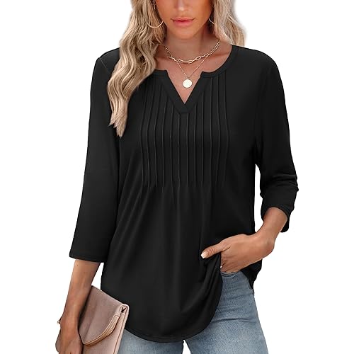 XIEERDUO Womens 3/4 Sleeve Tops 2025 V-Neck Casual Pleated Shirts Blouses Beach Vacation Fall Fashion Clothes Outfits