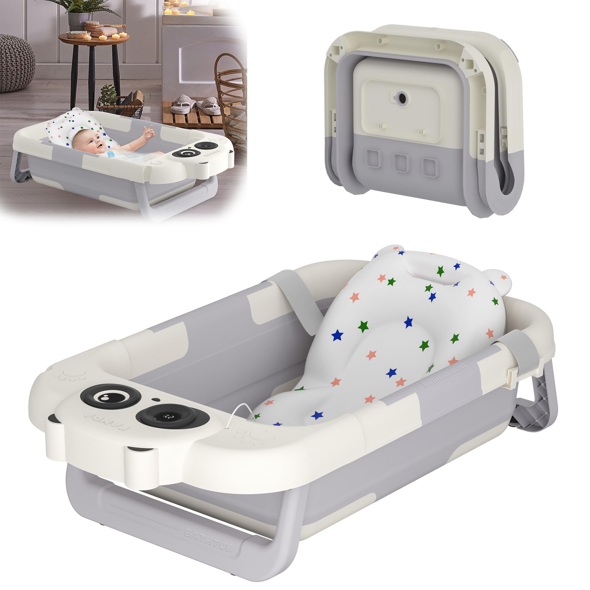 YRHome Wanna dla niemowląt, składana, ergonomiczna, z matą łazienkową, ekranem dotykowym, wyświetlaczem LCD dla noworodków, szara + biała