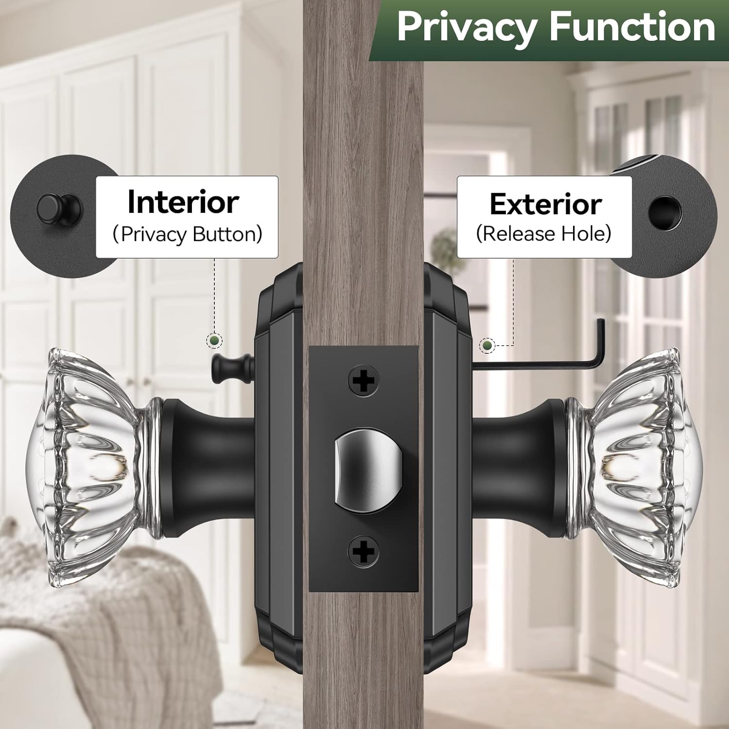 Glass Door Knobs Interior, 6 Pack Crystal Door Knobs with Lock for Privacy Use, Black Glass Door Knobs for Interior Bedroom Bathroom, Vintage Glass Crystal Door Knob Set