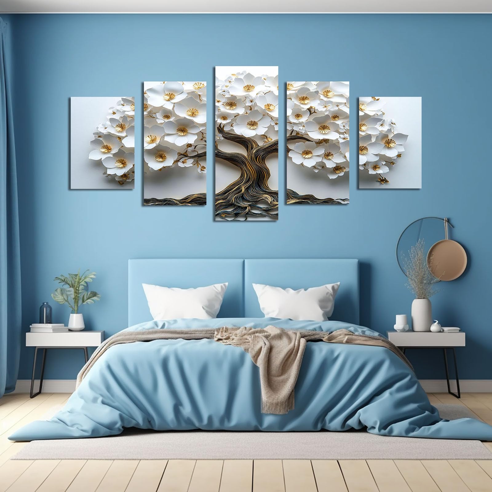 WIKEO Lot de 5 posters Arbre de vie Impression sur Toile Magnifique Arbre de Vie Affiche- Moderne Abstrait Image Tableau -Decoration Murale Salon -Chambre -bureau(Blanc)-100x200cm Encadrée