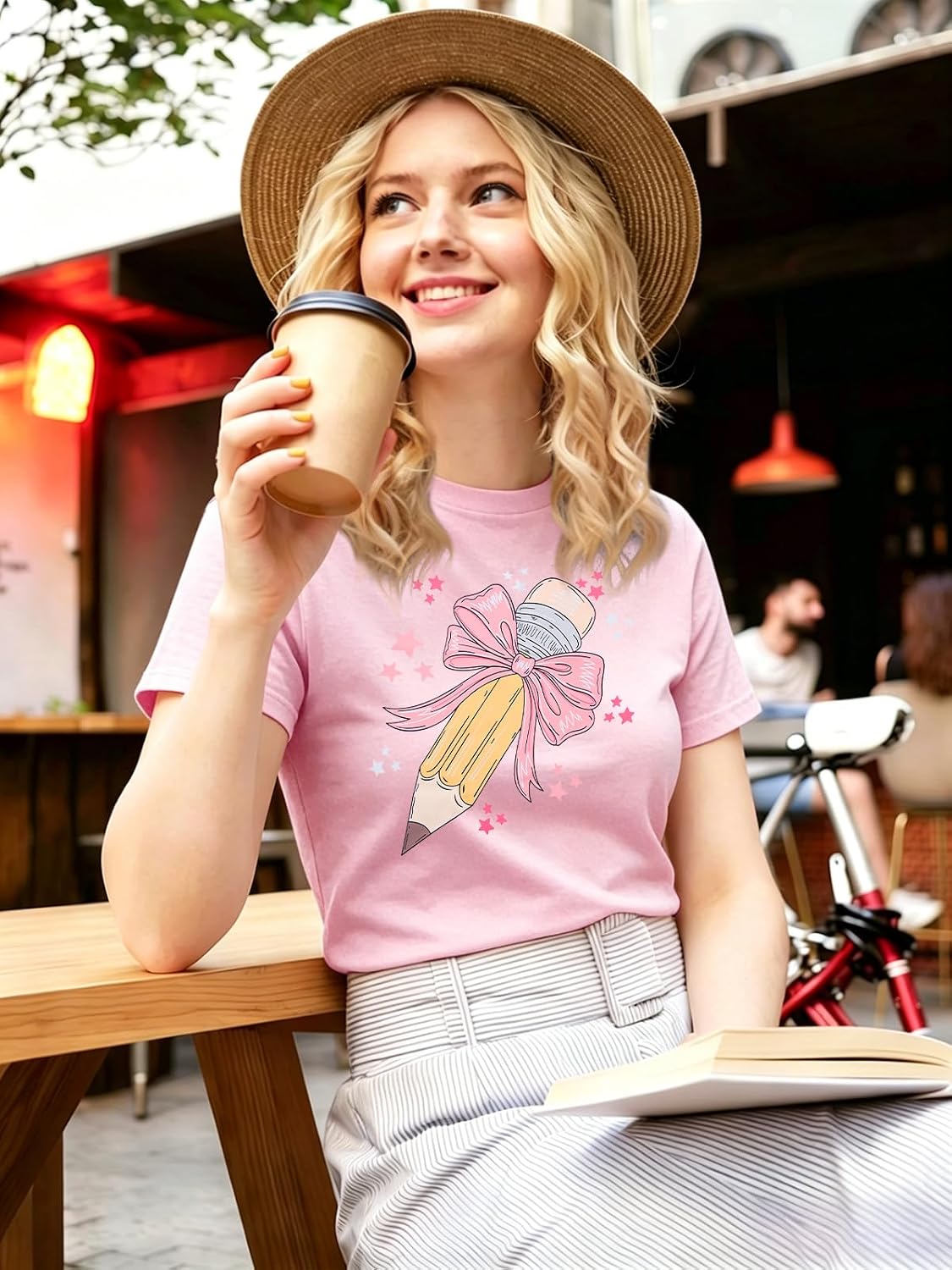 LUKYCILD Teacher Shirts Women Bow Pencil Graphic Tee Back to School Shirt image 4