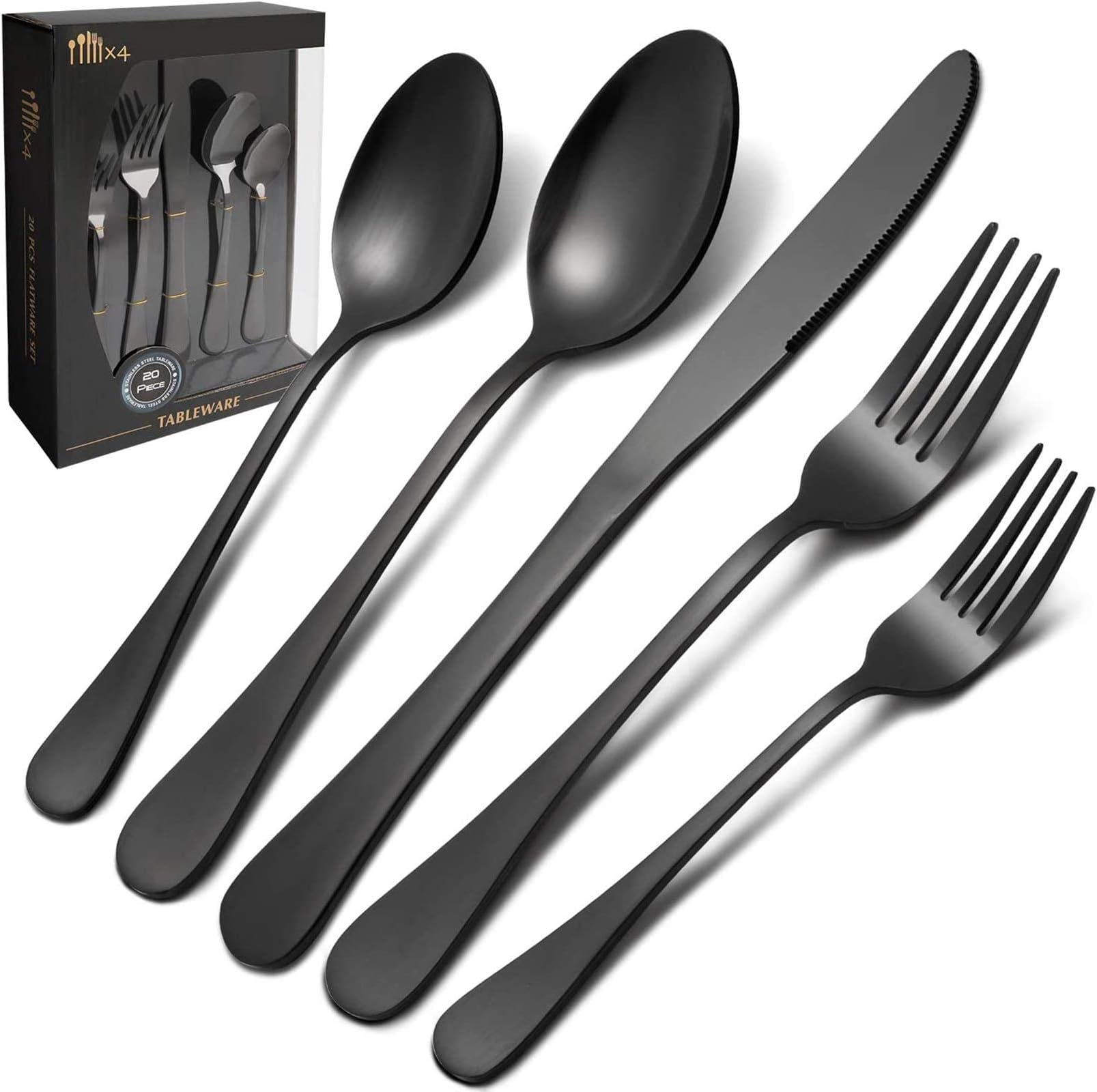 Black Silverware, 20 Pieces Stainless Steel Matte Cutlery Tableware Set, Flat Design Service for 4, Black