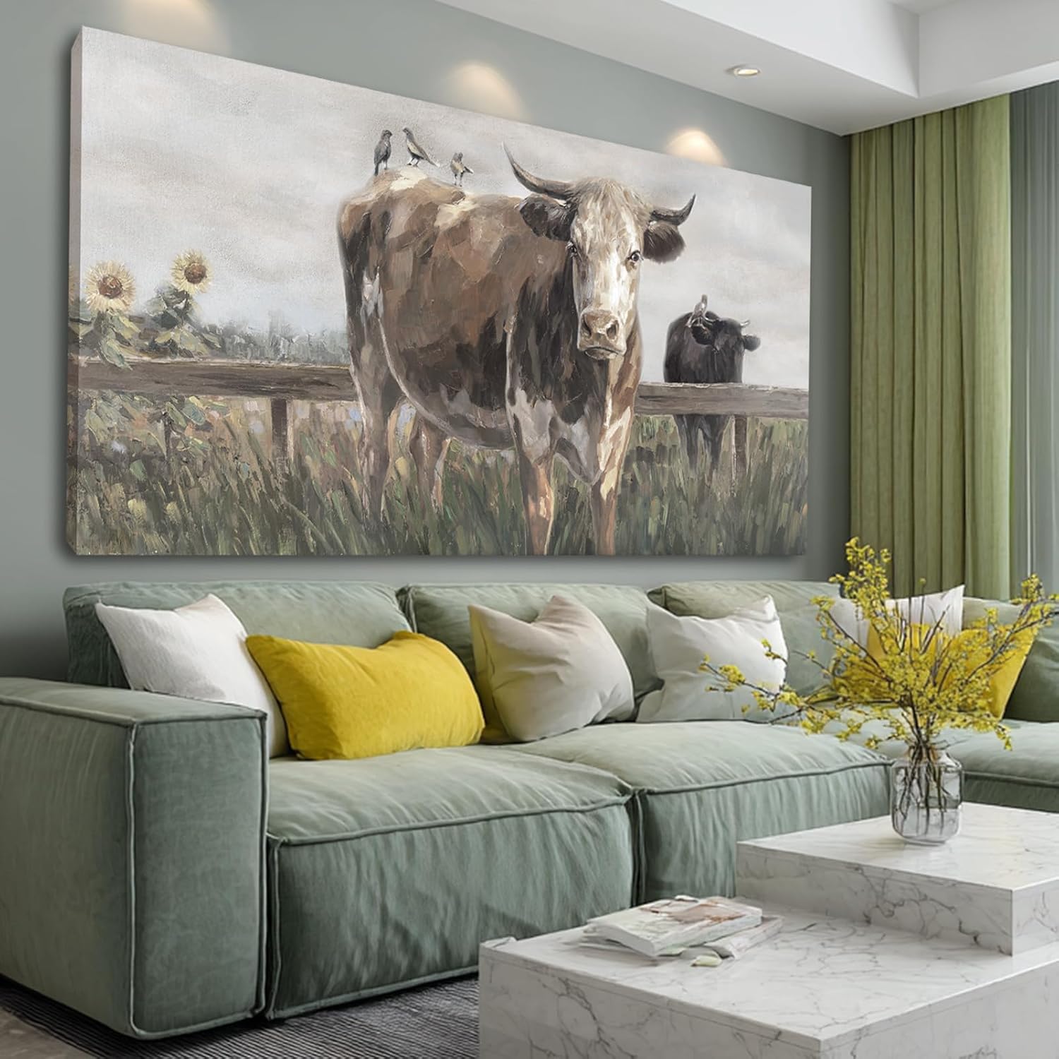 ZENPEE Large Brown and Black Cow Canvas Wall Art – Vintage Farmhouse Animal Decor for Bedroom, Bathroom, Office, Fireplace & Kitchen, 29 x 58 Inch