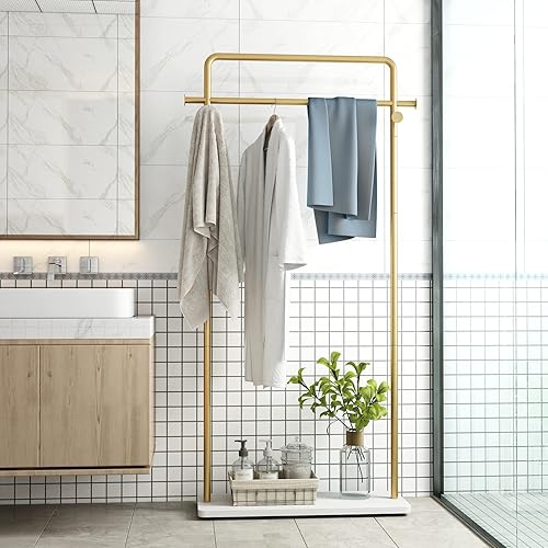 Miniatura 9 de TIEOU Percheros dorados con estante, percheros dorados resistentes para boutiques, perchero de metal independiente para colgar ropa, perchero