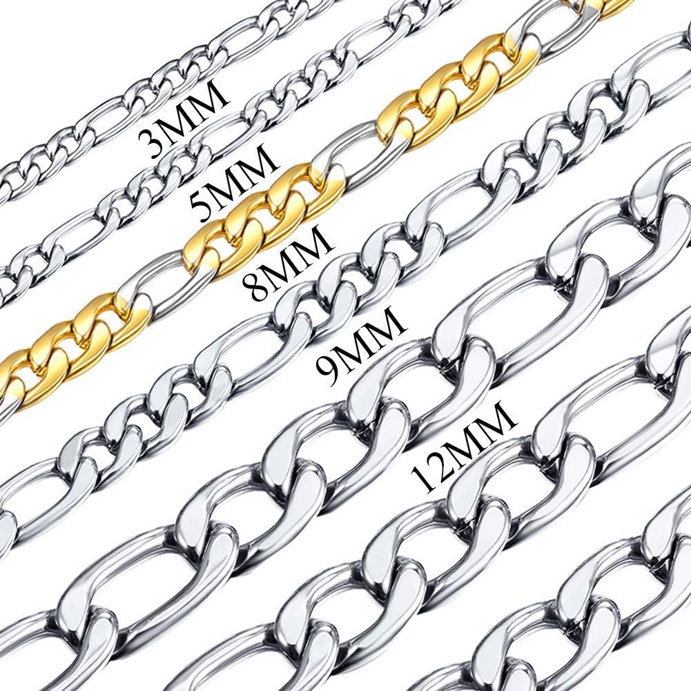 U7 Twisted Rope Chain, Figaro Chain, Men Stainless Steel Necklace and Bracelet Set, 3mm 5mm 6mm 9mm Black Gold Silver Chains Necklaces for Men Women 16"-30"