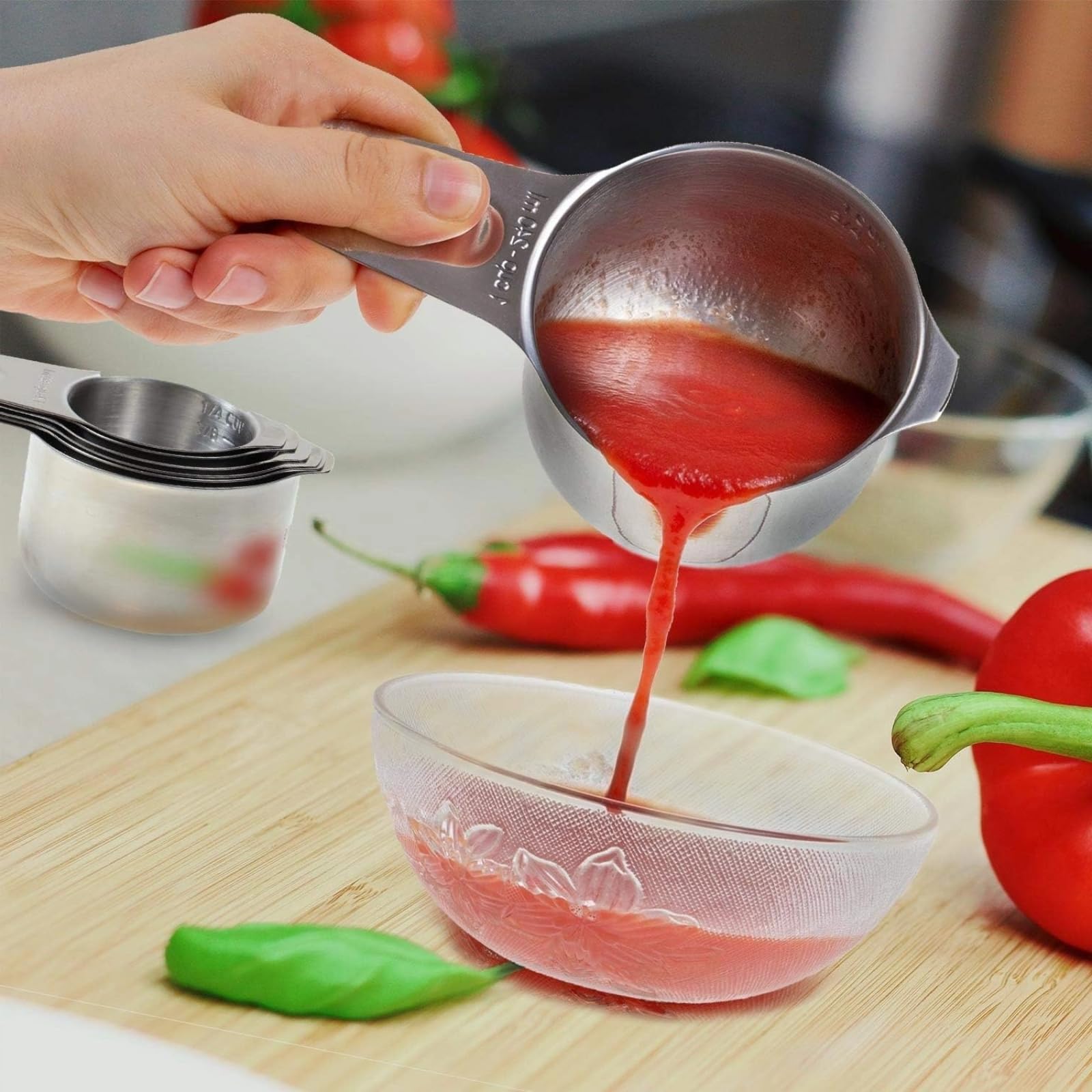 Messbecher aus Edelstahl, 7-teilig, stapelbar, für trockene oder flüssige Zutaten, Küchenhelfer und Utensilien, Metall-Messbecher, ideal zum Kochen und Backen