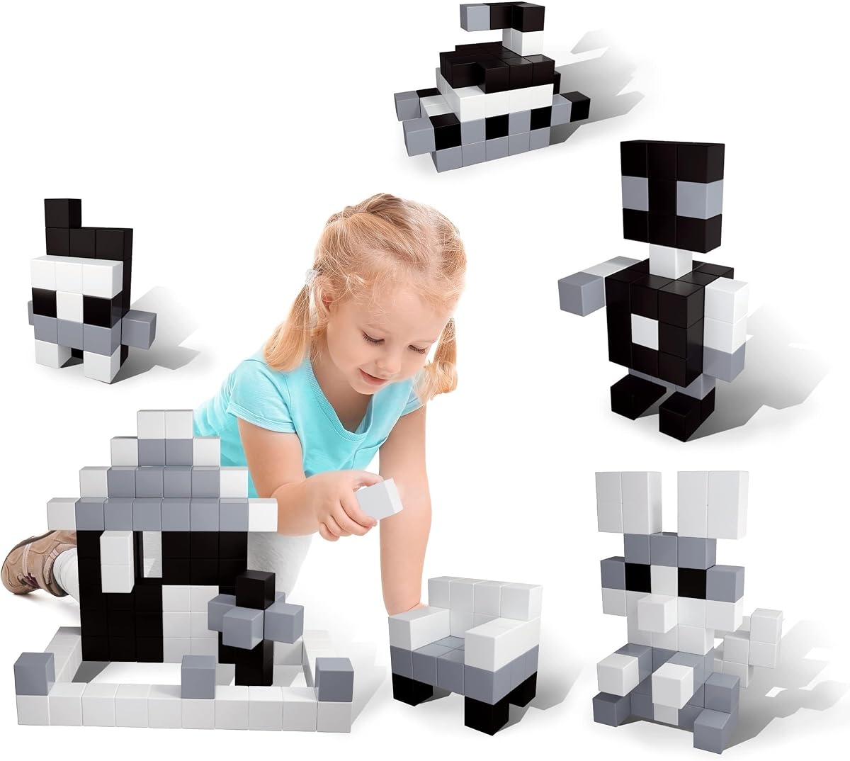 PicassoTiles Juego de cubos de rompecabezas magnéticos de 101 piezas, bloques de construcción de 1 pulgada en blanco y negro, juguete educativo STEM para niños de 3 años en adelante, kit de aprendizaje sensorial con libro de ideas para construcción y creatividad PMC101