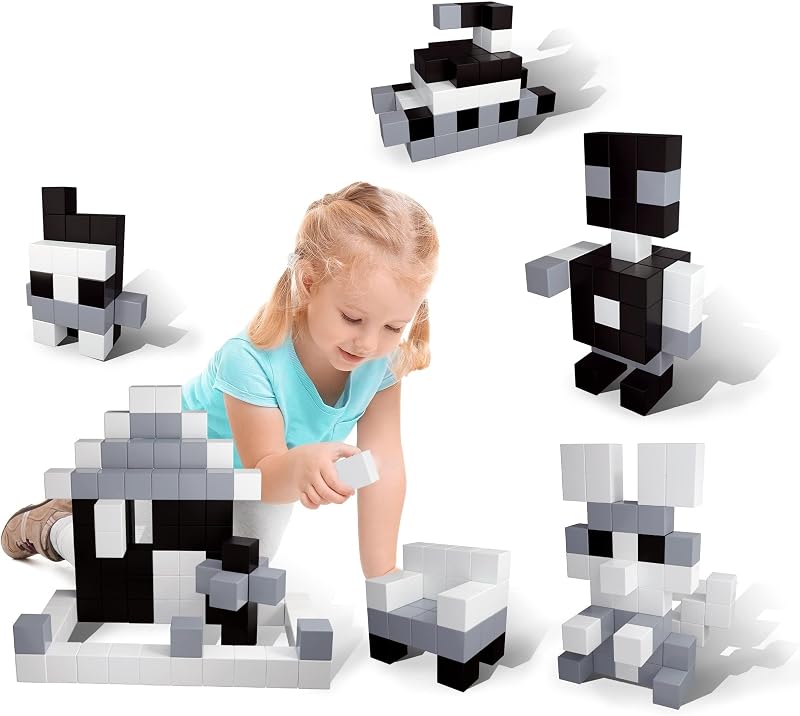PicassoTiles Juego de cubos de rompecabezas magnéticos de 101 piezas, bloques de construcción de 1 pulgada en blanco y negro, juguete educativo STEM para niños de 3 años en adelante, kit de aprendizaje sensorial con libro de ideas para construcción y creatividad PMC101