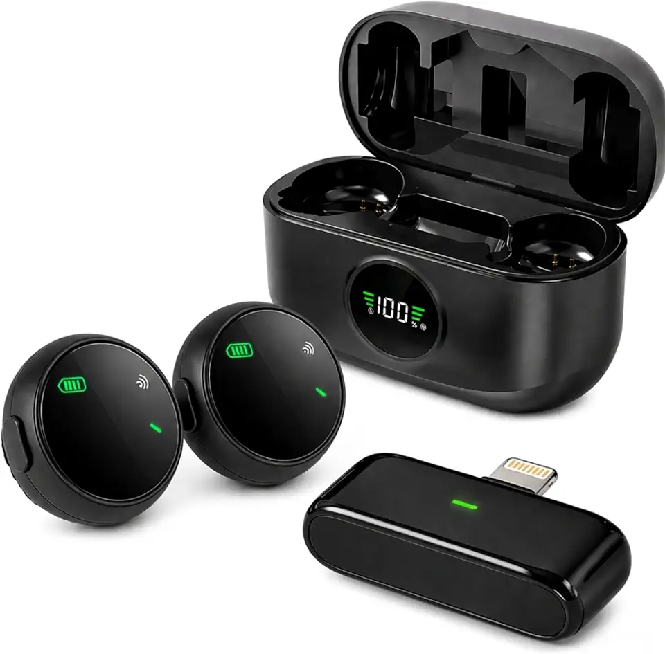 Kit 2 Microfones de Lapela Profissional, Transmissão Sem Fio, Case de Carregamento, Bluetooth, Cancelamento de Ruído,12h Tempo de Trabalho, Compatível com Camera, iPhone, Android, USB-C e Lightning