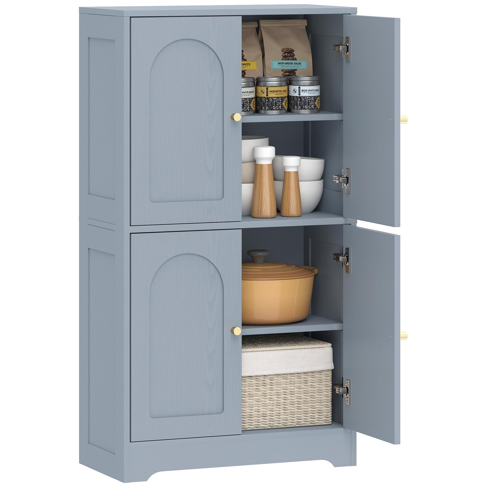 HOMCOM Armoire de cuisine de 110 cm, placard de rangement de cuisine indépendant avec 4 portes cintrées et 2 étagères réglables, placard de garde-manger moderne pour salle à manger, gris