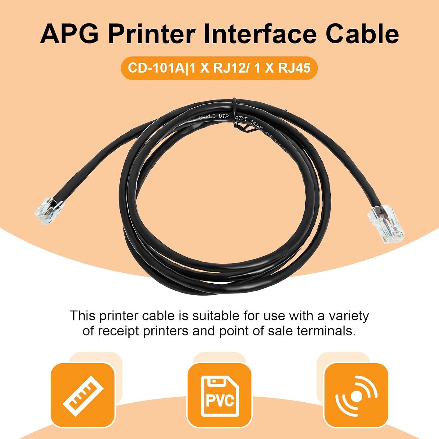 6.5ft APG Printer Interface Cable CD-101A | for Cash Drawer to Printer Connection with MultiPRO Interface | Compatible with EPSON Star Printers | RJ12/ RJ45 Male (Black)