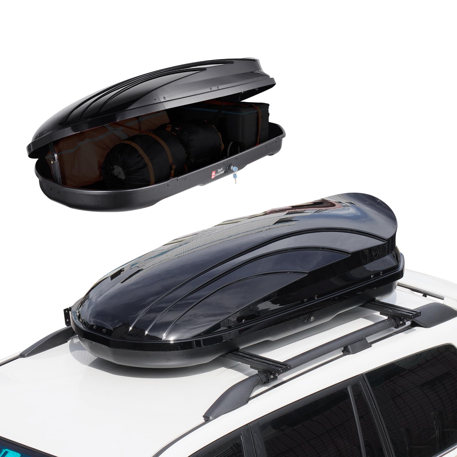 VEVOR Rooftop Cargo Carrier, 11 Cubic Feet Roof Cargo Box, ABS Hard Shell Roof Box, with Dual-Sided Opening and 2 Reinforced Straps, Aerodynamic, Suitable for most Crossbar, for Car, Wagon, SUV, Black