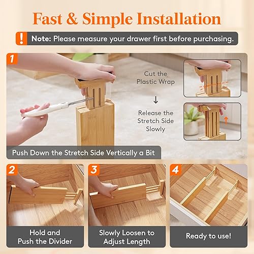 Miniatura 6 de Lifewit Paquete de 4 separadores de cajones de bambú de 4 pulgadas de alto, organizadores de cajones ajustables de 12 a 17 pulgadas para ropa,