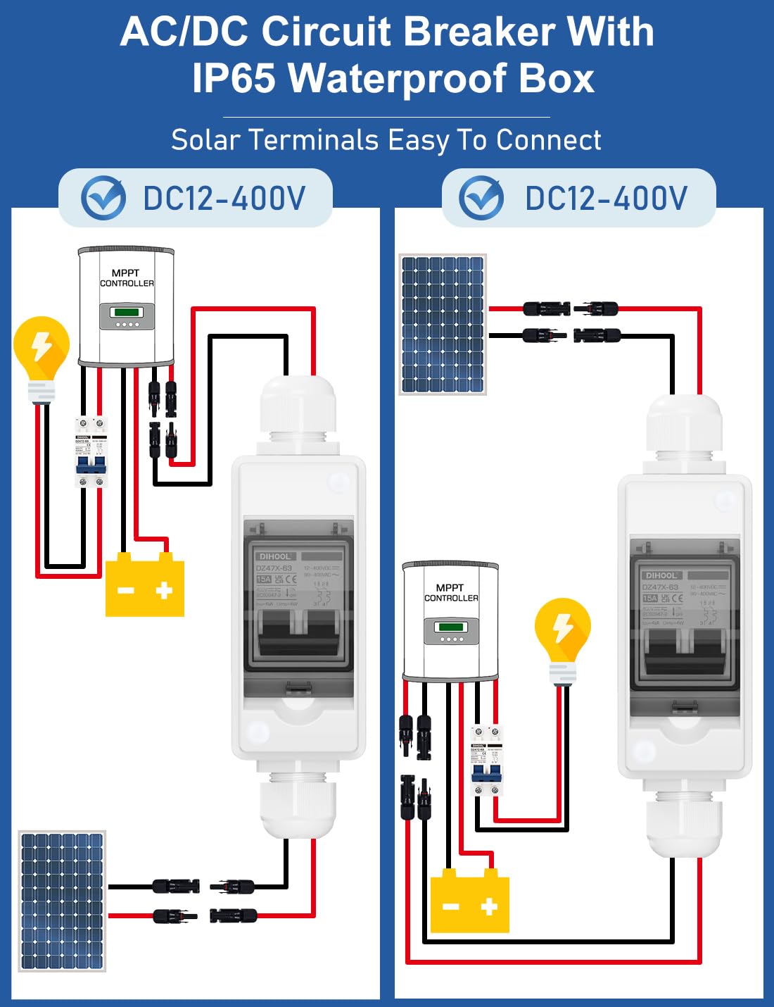 DIHOOL DC Circuit Breaker, Non Polarized, 15 Amp, 2 Pole, 12V-400V, AC DC Disconnect Switch Box Outdoor, Battery Cutoff Isolator, PV Array MCB - Image 6