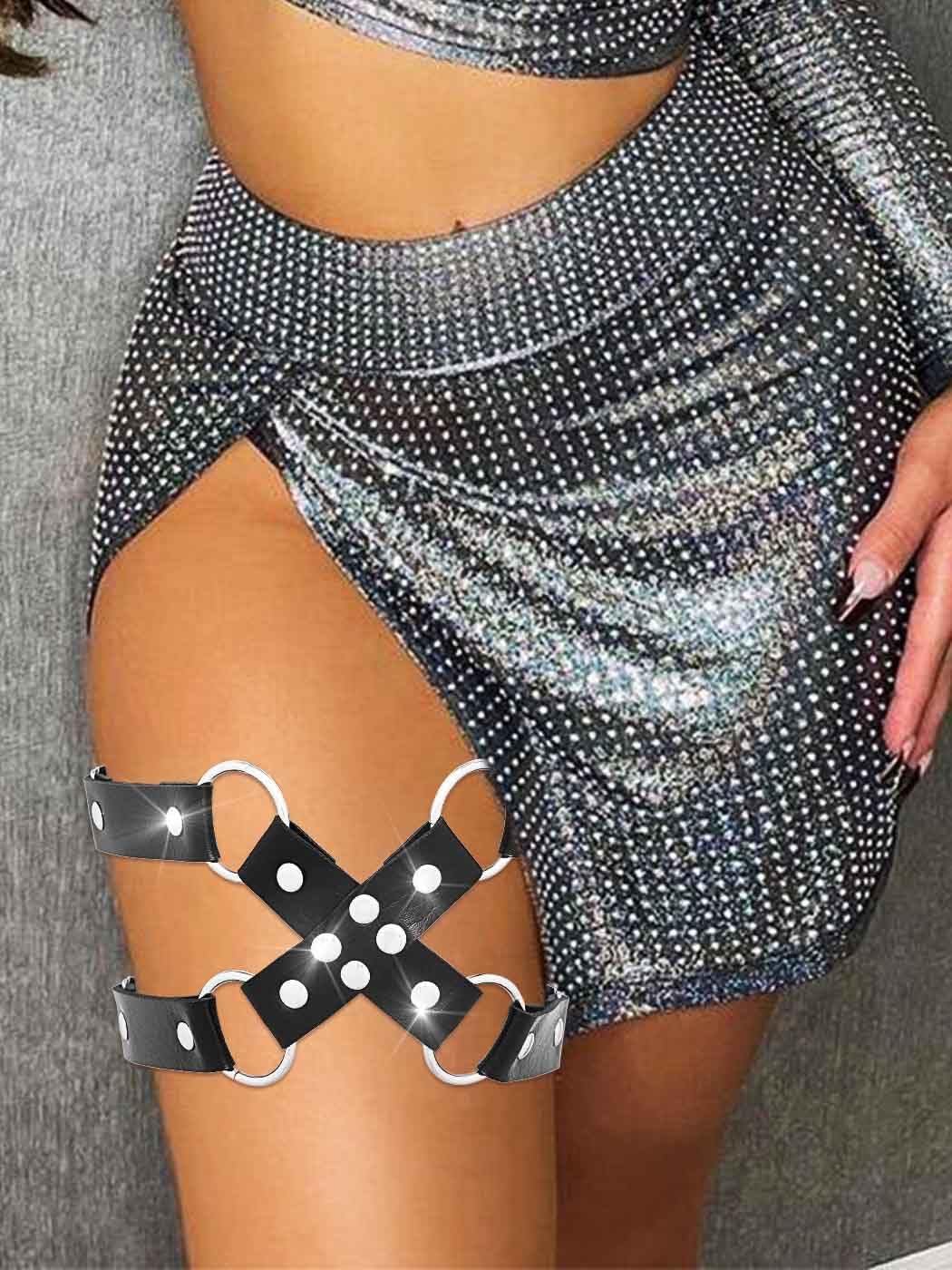 Urieo Punk Leather Leg Garter Belt Elastic Black Thigh Harness Rave Gothic Adjustable Body Accessories for Women
