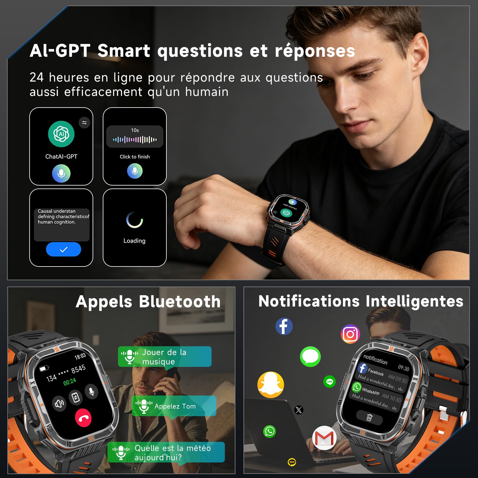 YUPENG Montre Connectée Homme Militaire avec AI-GPT, IP68 pour Android/iOS | 2.01" HD Écran/1100 mAh Batterie/LED Lampe/Boussole/Appels Bluetooth, 24H Fréquence Cardiaque/Suivi du Sommeil/SpO2