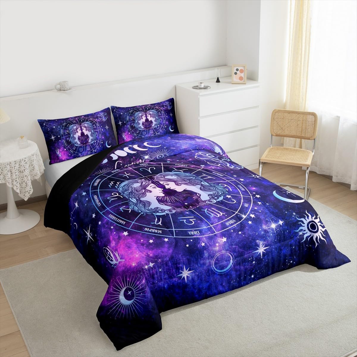 Gemini Kids Comforter Set Queen Size,12 Constellations Astrology Zodiac Bedding Set,Girls Boys Adults Room Decor,Sun Moon Starry Sky Galaxy Down Comforter,Purple Romantic Duvet Insert,2 Pillowcases