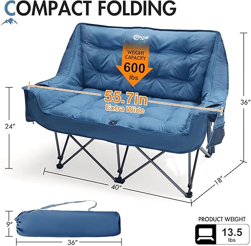 Miniatura 3 de PORTAL Silla de campamento doble, sofá biplaza plegable para 2 personas para adultos, cojín acolchado, para campamento, césped, sofá portátil con