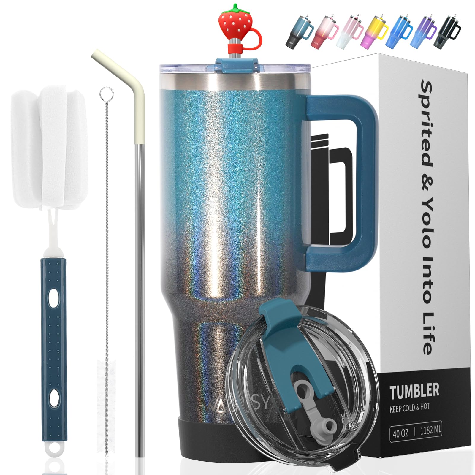 WATERSY 40oz Kaffeebecher to Go Thermobecher Doppelwandiger Edelstahl Vakuum Auslaufsicher Trinkbecher mit Griff und Strohhalm Thermo Tumbler Deux Schwarz Blau Glänzend