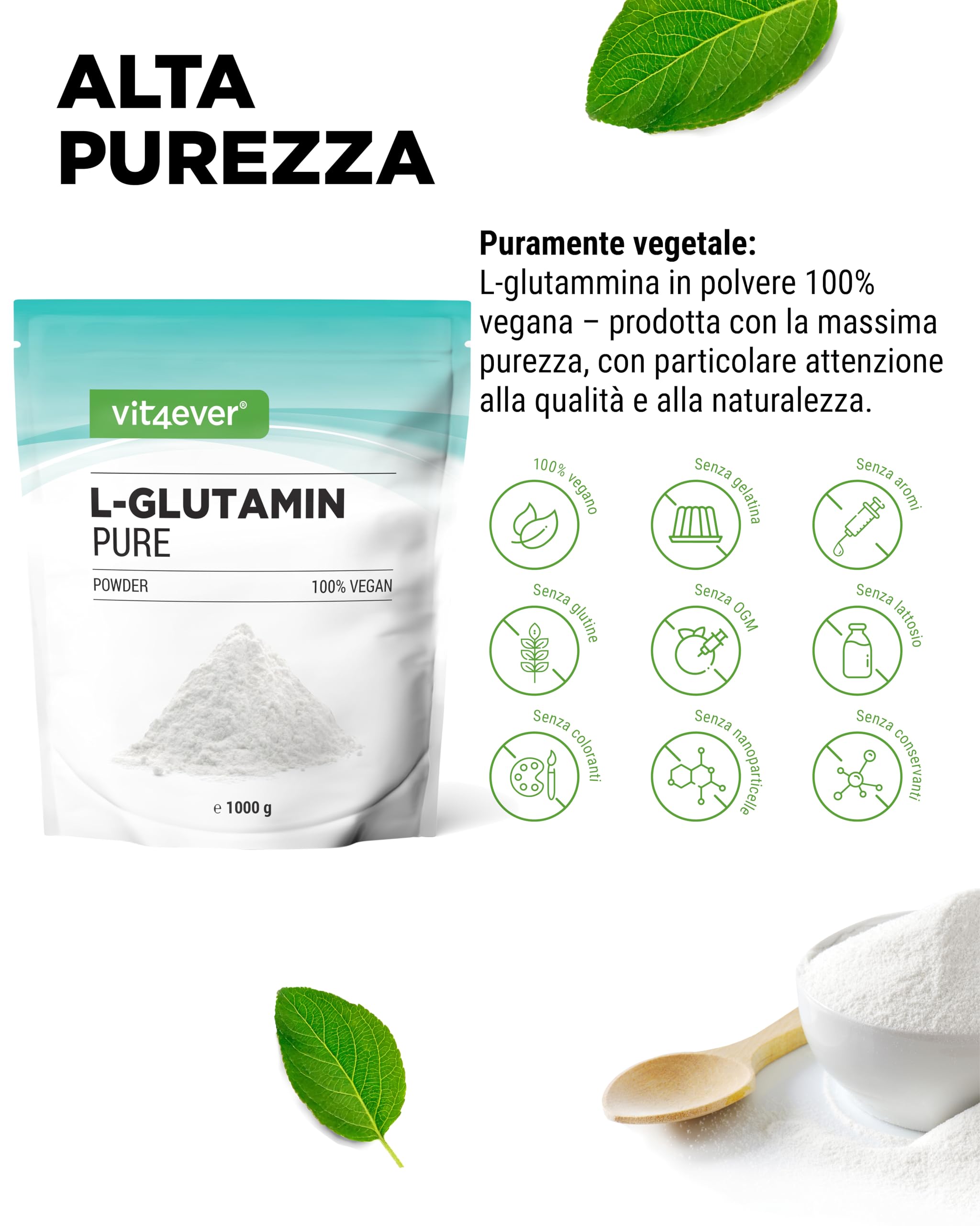 vit4ever Polvere di L-glutammina - 1000 g / 1 kg - Polvere di amminoacidi ultrapura, extra ad alto dosaggio - 100% vegana - Prodotta tramite fermentazione vegetale