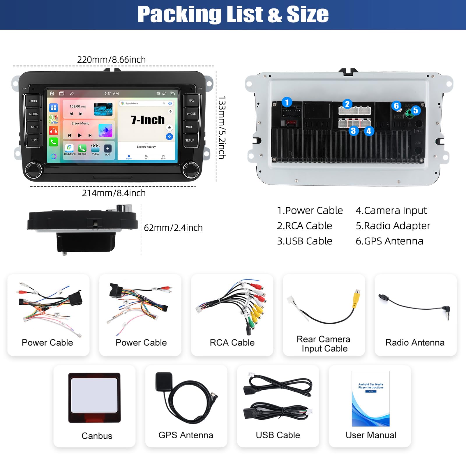 6+128G CAMECHO 7" Autorradio para Golf 5 6 VW Polo Touran Tiguan Passat B6 B7 Seat Skoda, Android 13 Wireless Carplay Android Auto Bluetooth Radio con WiFi GPS FM/RDS +Canbus HD IPS Touchscreen