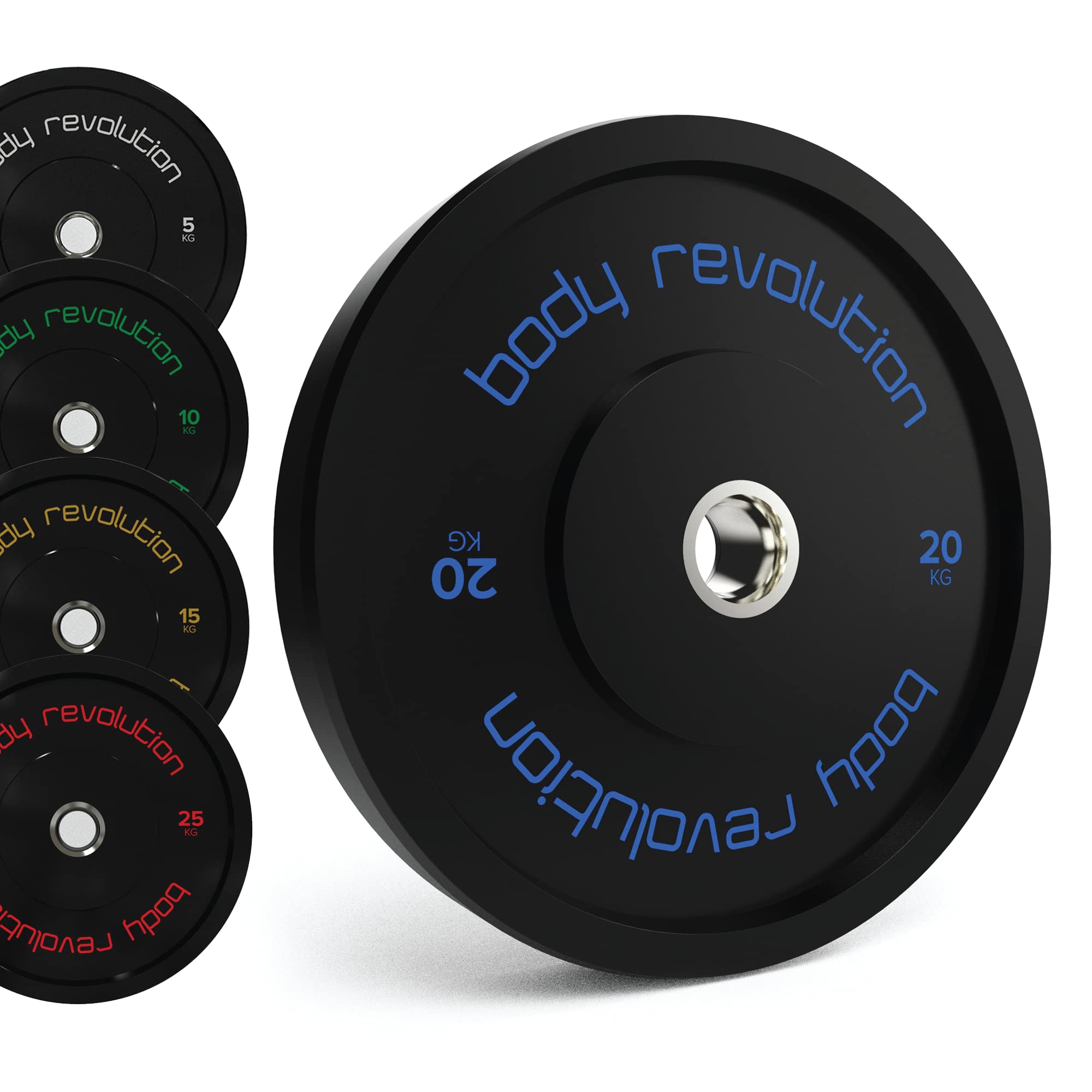 Body Revolution, dischi Bumper in gomma da 5 cm per sollevamento pesi olimpionico, dischi per bilancieri e crossfit (da 5 a 25 kg), 20kg pair
