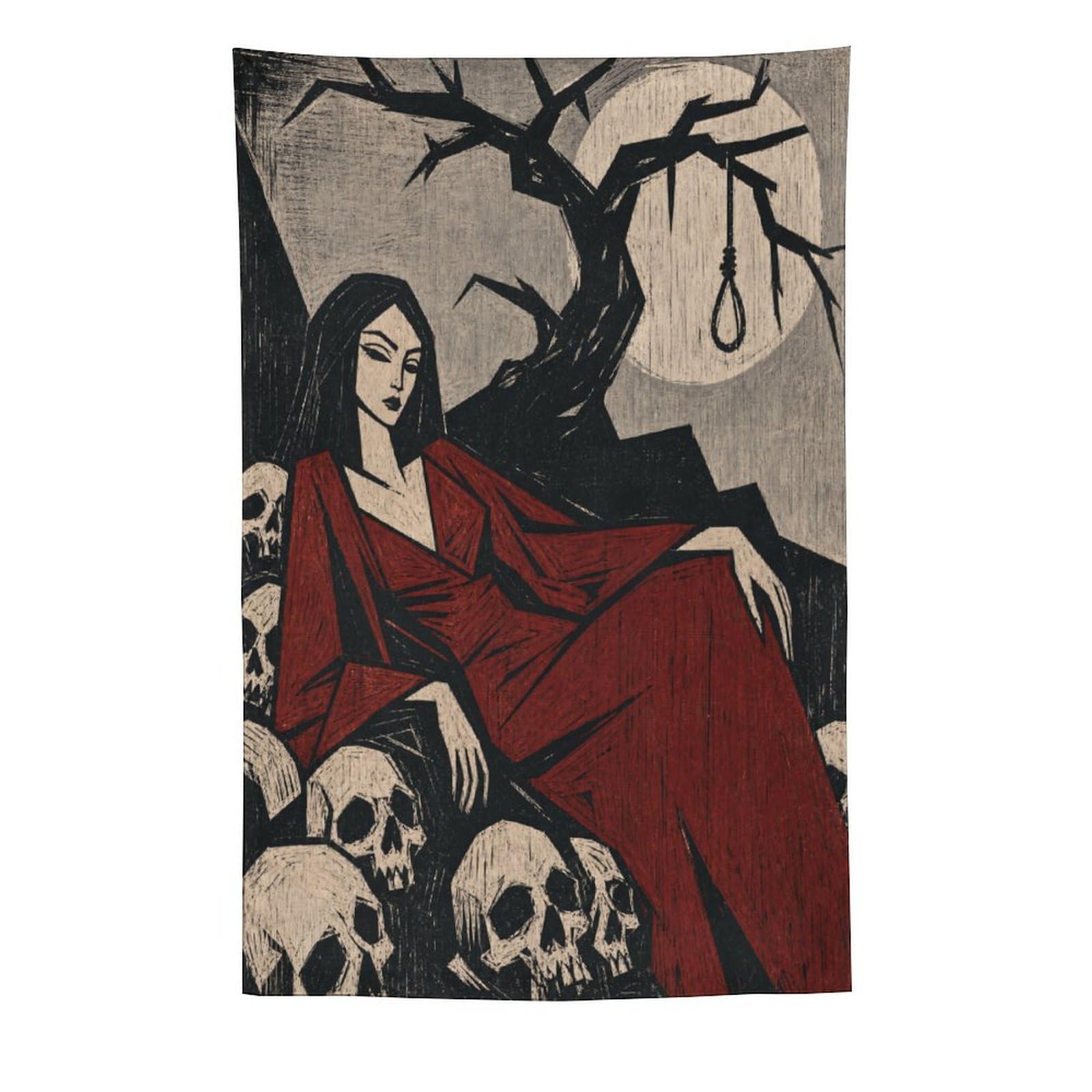 W7C8U2X3 Woman in Red Kimono with Skulls Wall Tapestry, Ukiyo-e, Gothic Pop