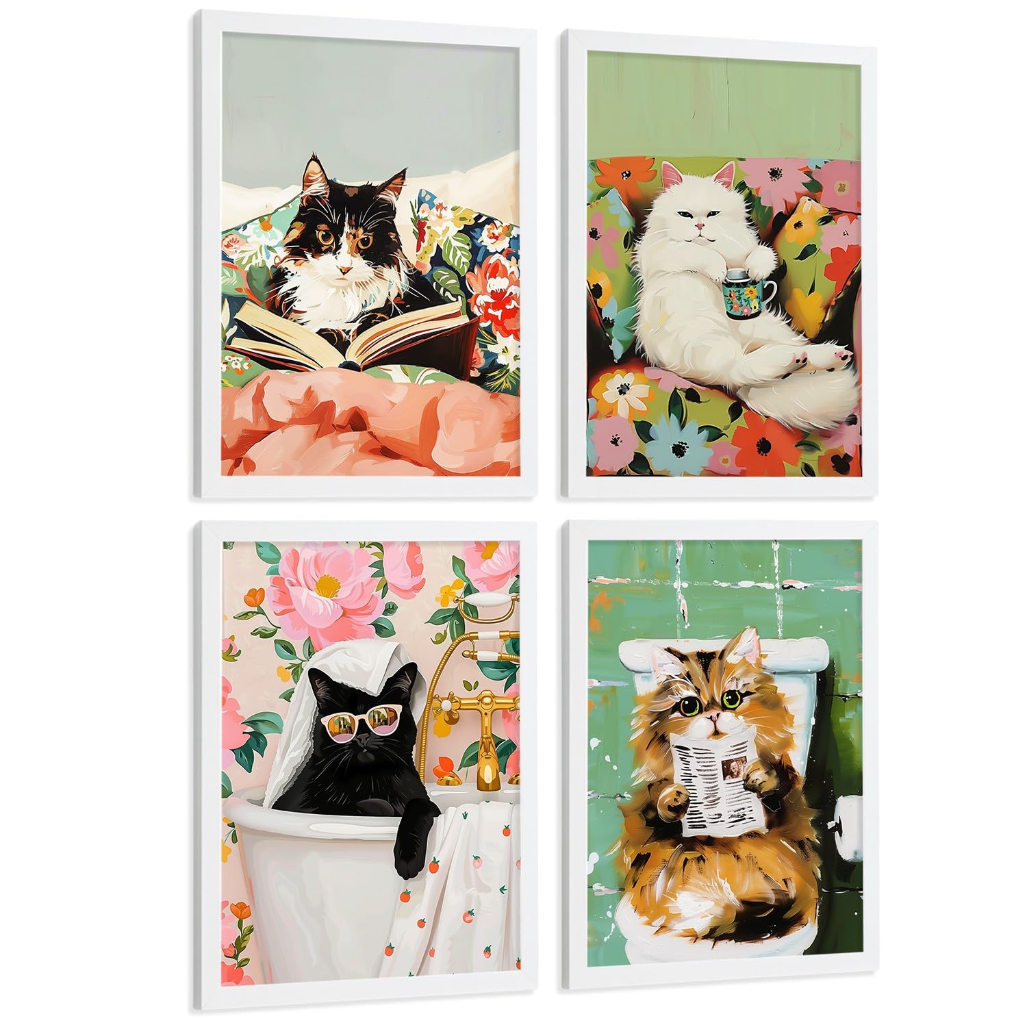 Nacnic Set De 4 Laminas Decorativas Gatos Divertidos Cuadros Salon Modernos - Posters Decorativos Animales Decoración Dormitorios Cocina Baño A3 Marco Blanco