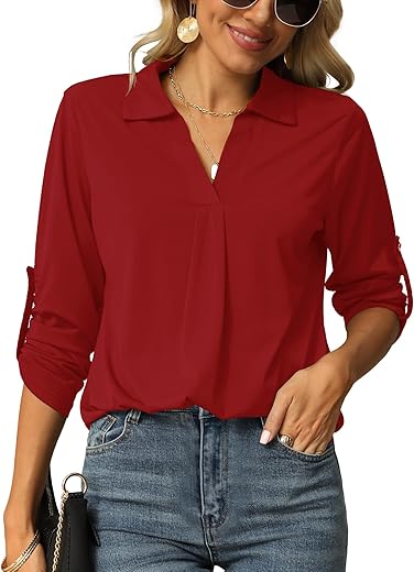 Odosalii Damen Bluse V-Ausschnitt Hemd Elegant 3/4 Ärmel Tunika Tops Longshirt Oberteile T-Shirts