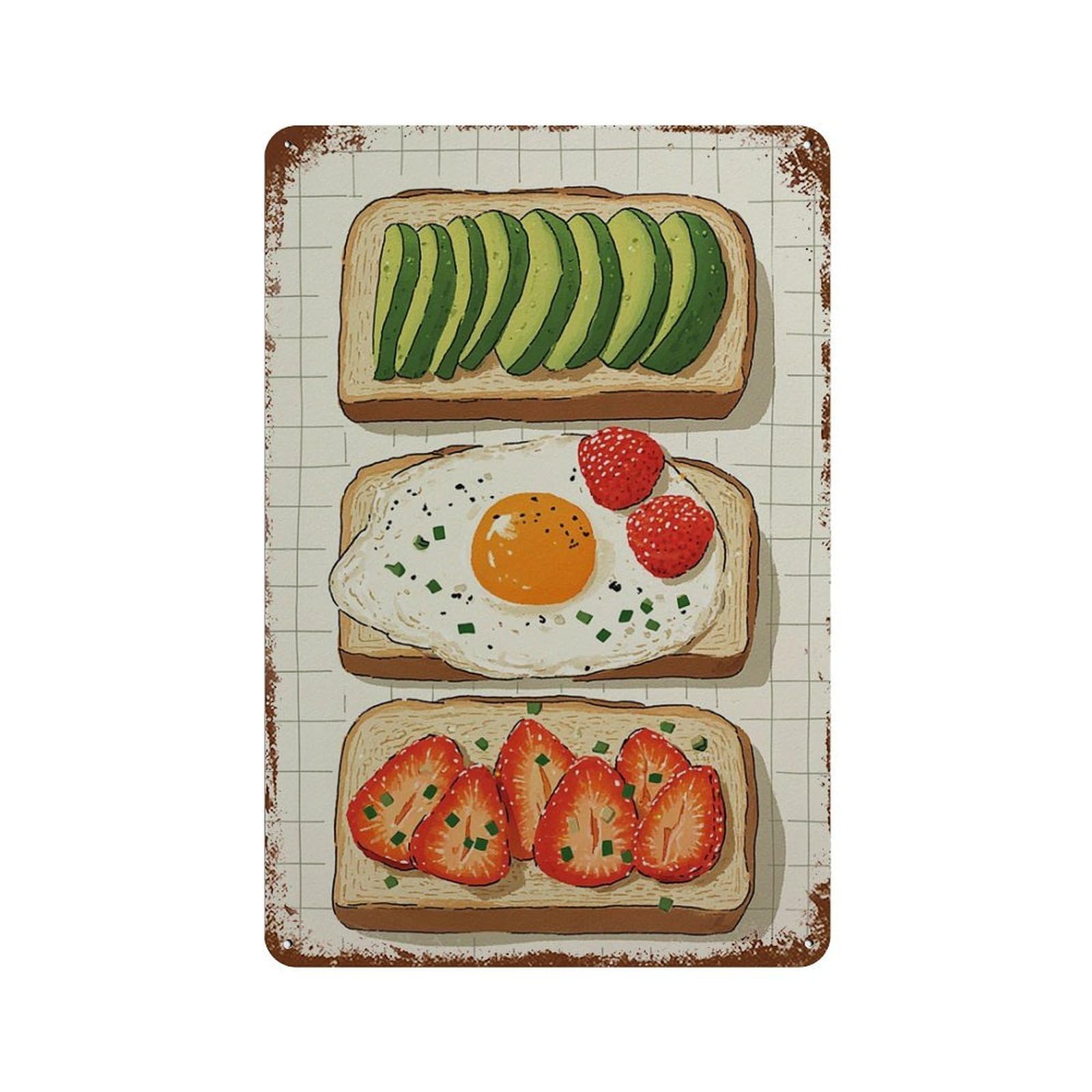 xiaoxiaoshen Breakfast Toast Modern Kitchen with Avocado Egg And Strawberry Toasts Colorful F Wall Decor Art Metal Tin Poster Modern Home Decor Art Home Bar Shop Decorations Vintage Sign 30x20cm