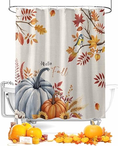 Cortina de ducha Hello Fall de 72 x 72 pulgadas, calabazas azules vintage con hojas de arce, cortina de baño impermeable con 12 ganchos, cortinas de