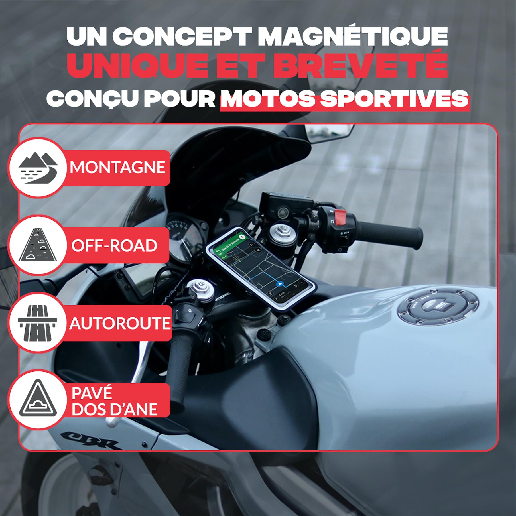 Shapeheart Support Téléphone pour Demi-Guidon de Moto Pochette Détachable | Compatible tous Smartphones | Claper et Retirer en 1 Geste | Colonne de direction 11-24 mm | Anti-vibrations | Weatherproof