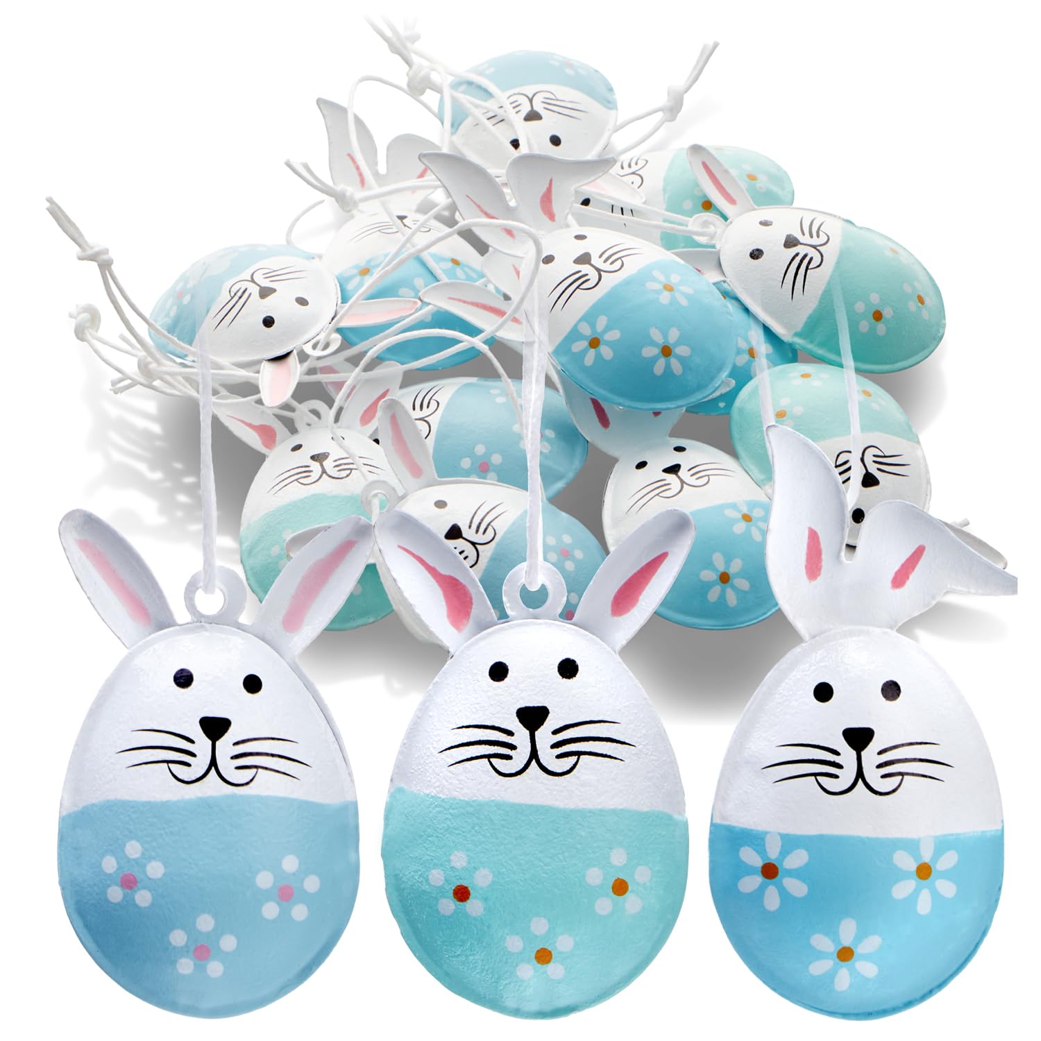 COM-FOUR® 12x Decorative Easter Hangers - Easter Bunny Eggs in Metal & Plastic - Green, Light Blue & White