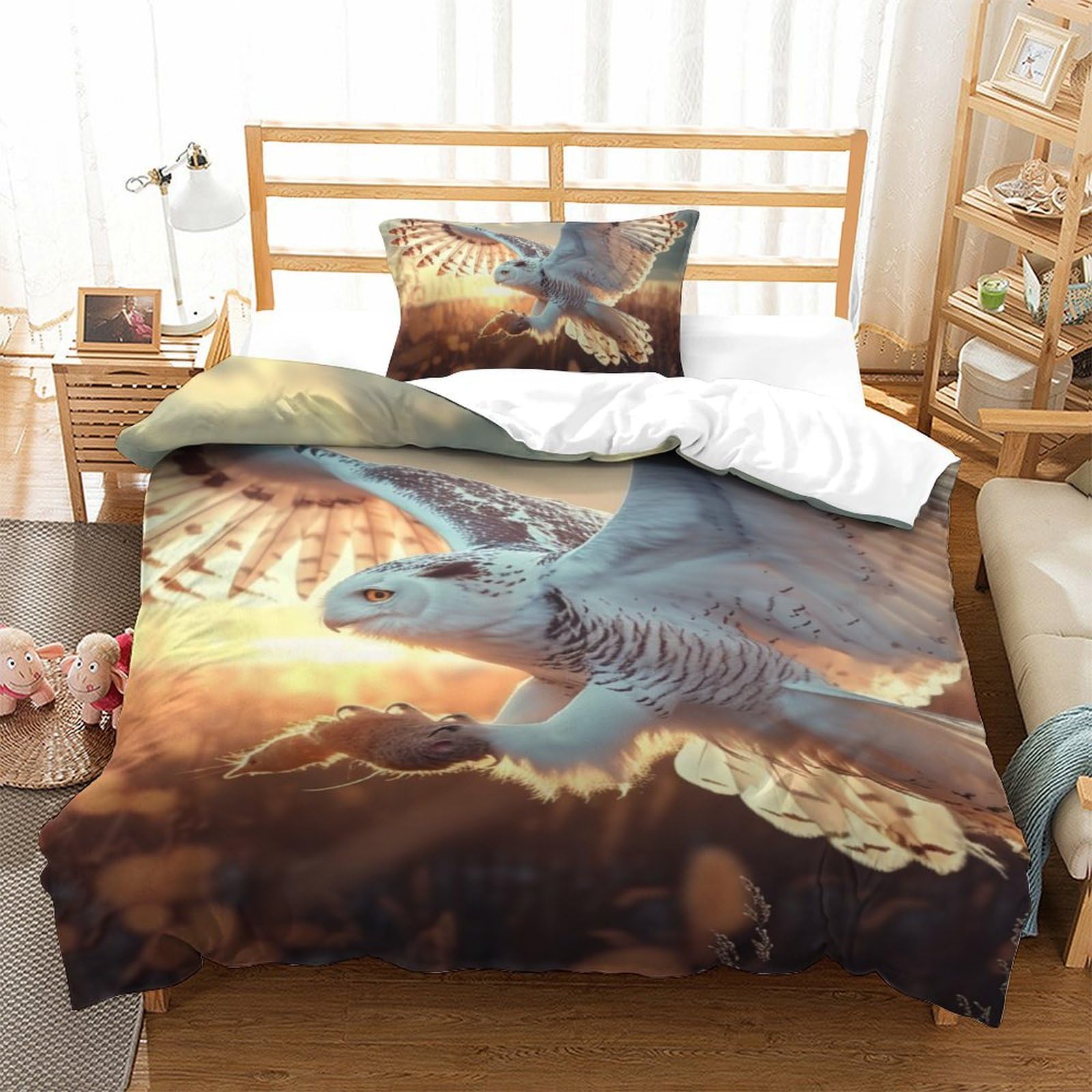 Housse de couette chouette blanche microfibre douce 3 pièces lit 135x200 cm
