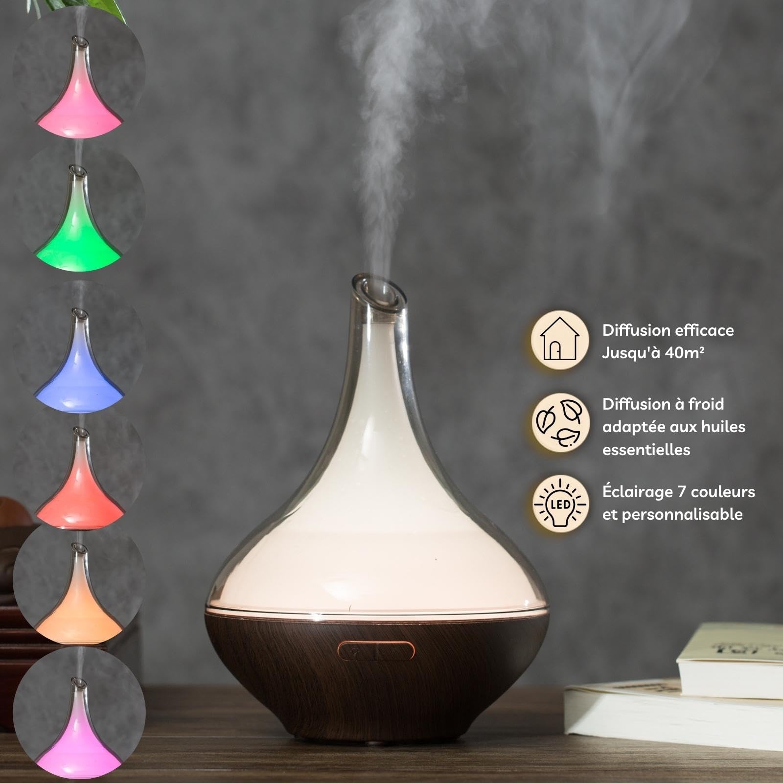 Zen'Aroma Dyfuzor olejków eterycznych Atlas, ultradźwiękowy dyfuzor do aromaterapii, elektryczny dyfuzor nawilżacza, konfigurowalne oświetlenie LED, nowoczesny design, cichy i kompaktowy