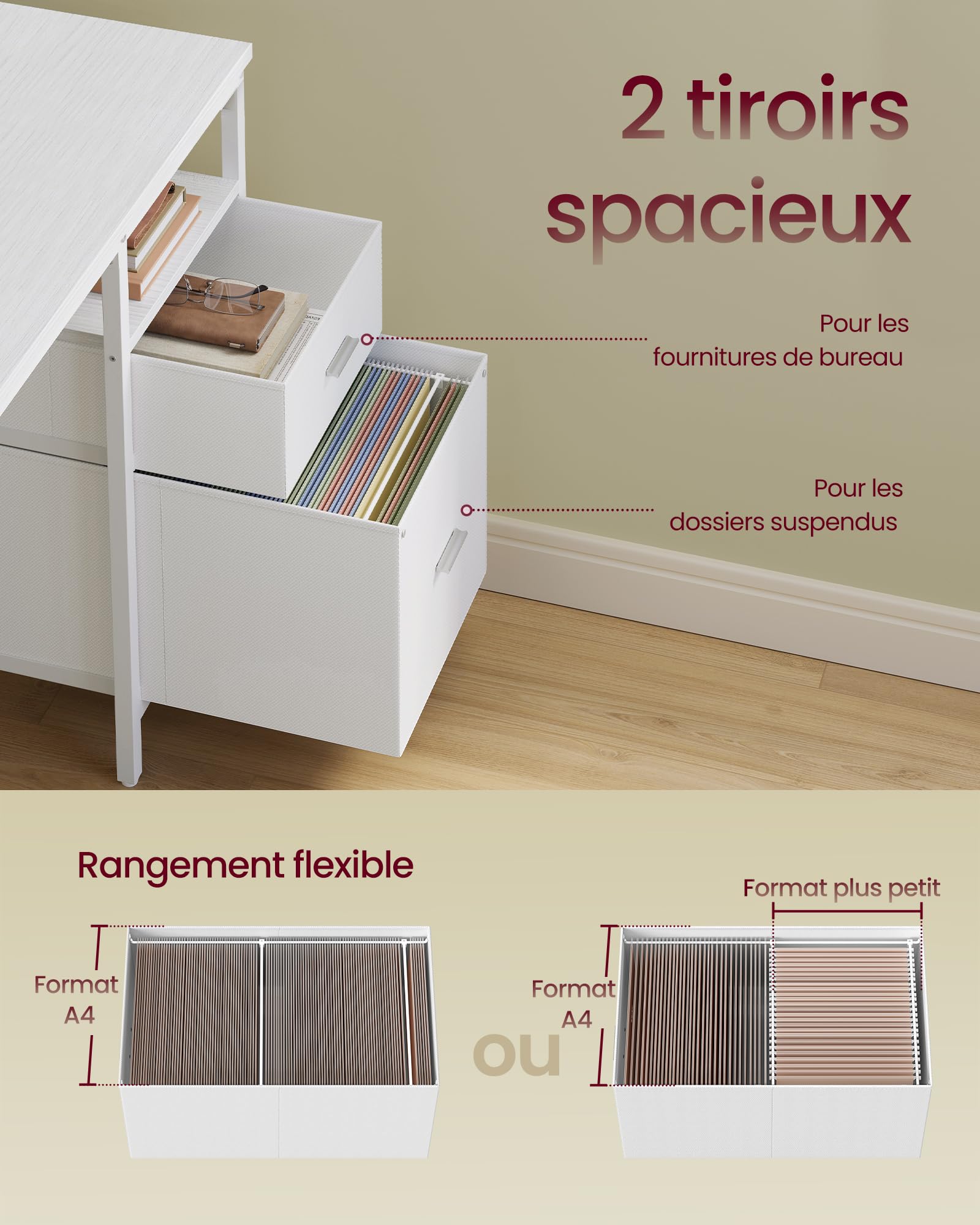 VASAGLE Bureau Gaming, avec Tiroirs en Tissu, Table Informatique avec Support d'Écran, Multiprise, 2 Ports USB, pour Bureau à Domicile, 140 x 60 cm, Blanc Érable LWD094W01V1
